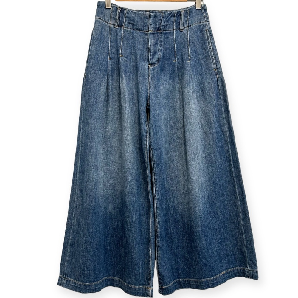 Pilcro Anthropologie Women 2 Denim Blue Jeans Wide Leg Palazzo Soft Button Pleat